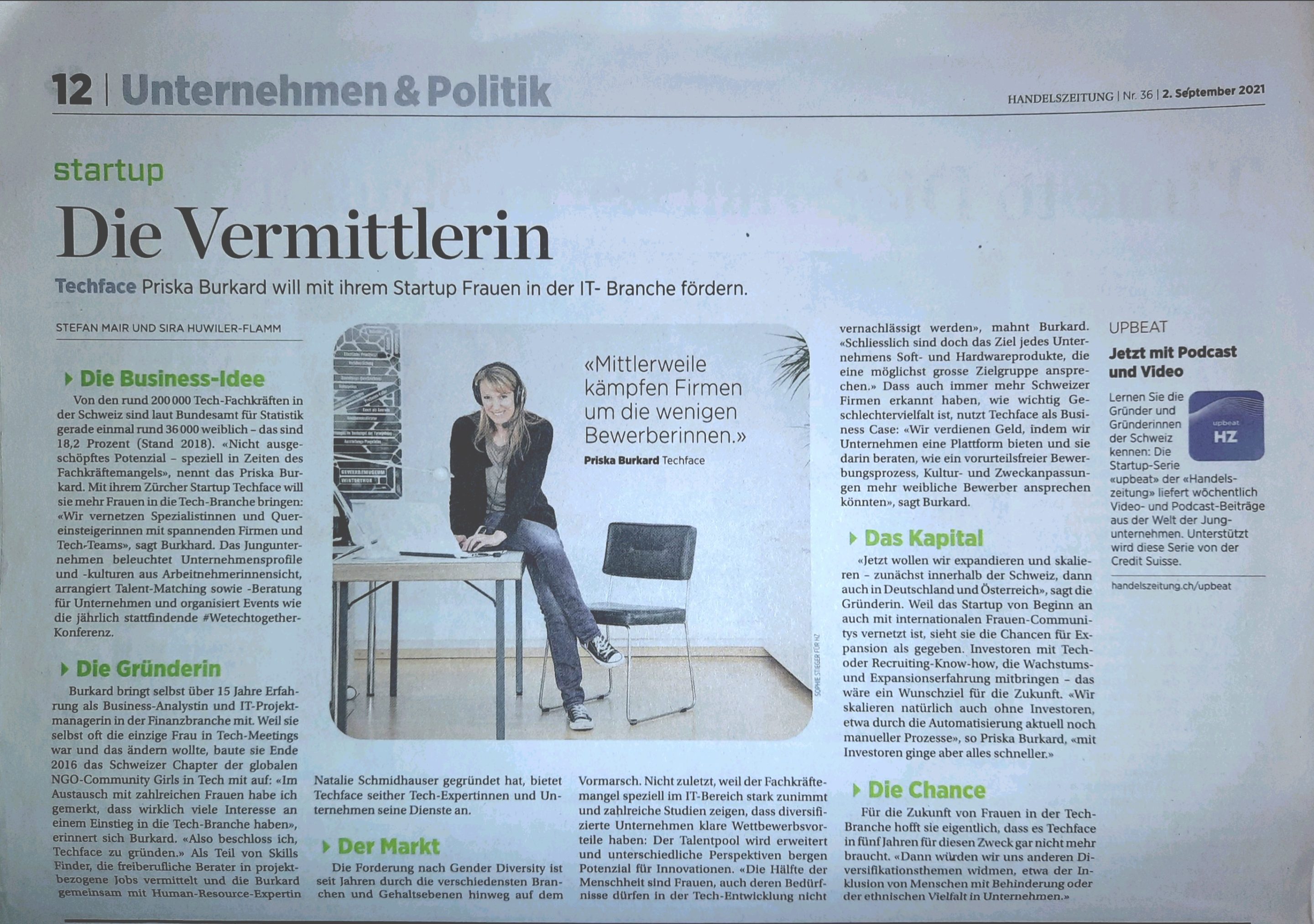 Upbeat podcast and Handelszeitung article with Priska Burkard